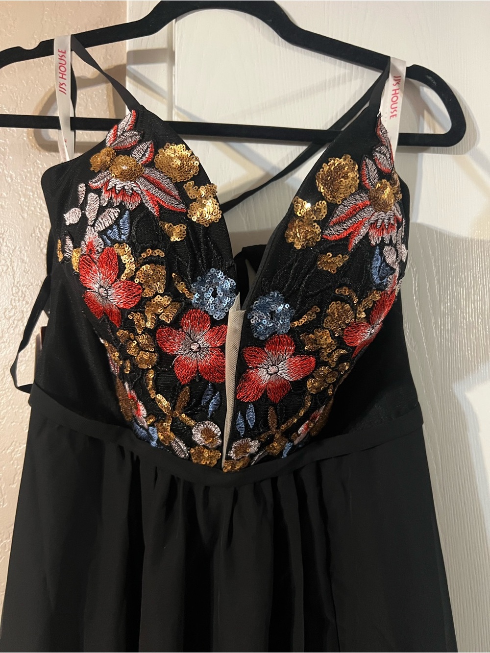 JJs House Black Dress with Red Tag and Gold Sequin Detail